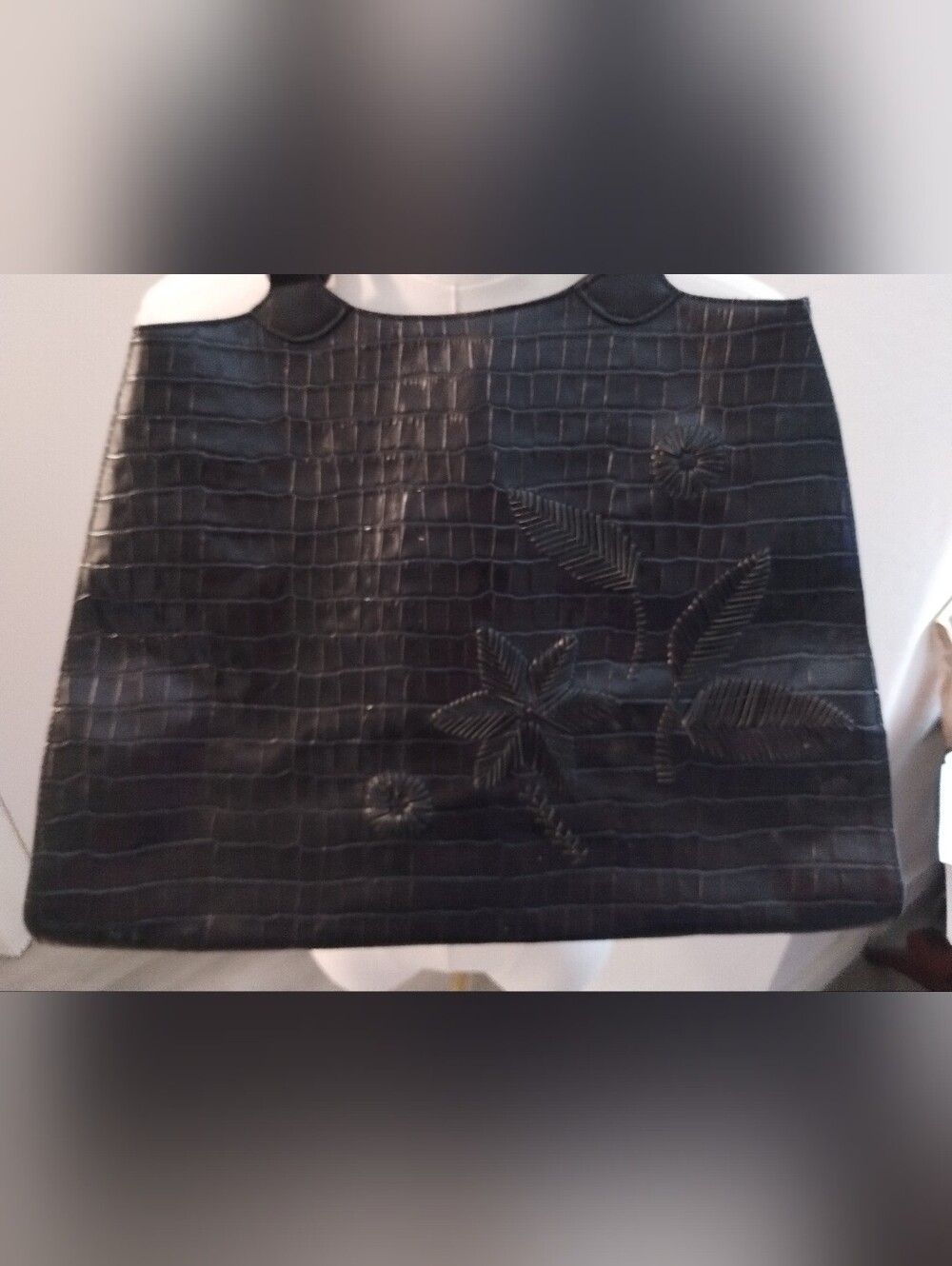 Black Floral-Embossed Faux Croc Tote -